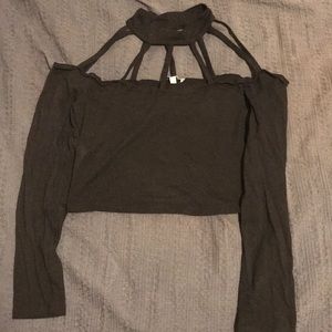 Caged neck black long sleeve crop top